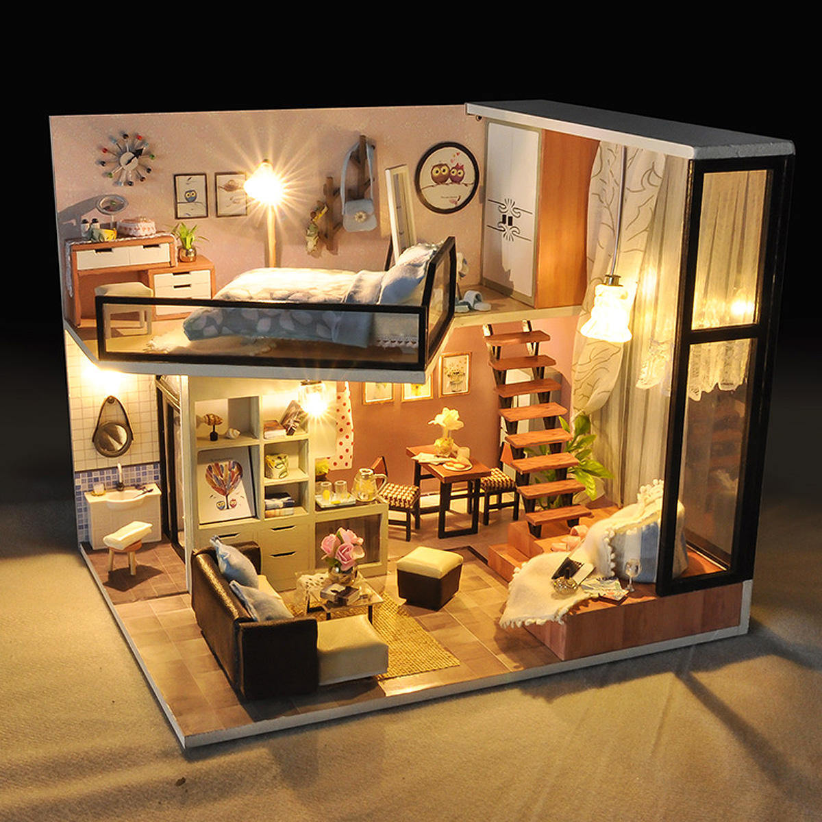 DIY Dollhouse Kit with Dust Proof Cover 1:24 Scale Wooden DIY Miniature Dollhouse Kit Toy Gift