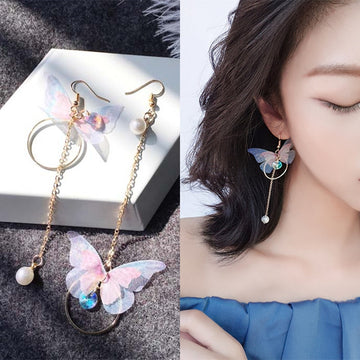 Retro Asymmetric Butterfly Imitation Pearl Earrings